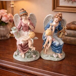 Vintage Ceramic Angel Figurine Pair w/ Cherubs – 11” Pastel Porcelain